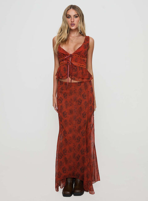 back view of model wearing Princess Polly Nikolise Maxi Skirt Red Maxi Skirts Skirts 