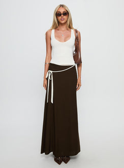   side view of model wearing Princess Polly Keirah Contrast Wrap Maxi Skirt Chocolate / White Maxi Skirts Skirts 