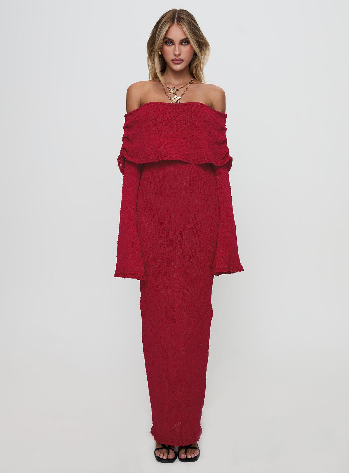 side view of model wearing Princess Polly Aleyah Long Sleeve Maxi Dress Burgundy Straight Neck 