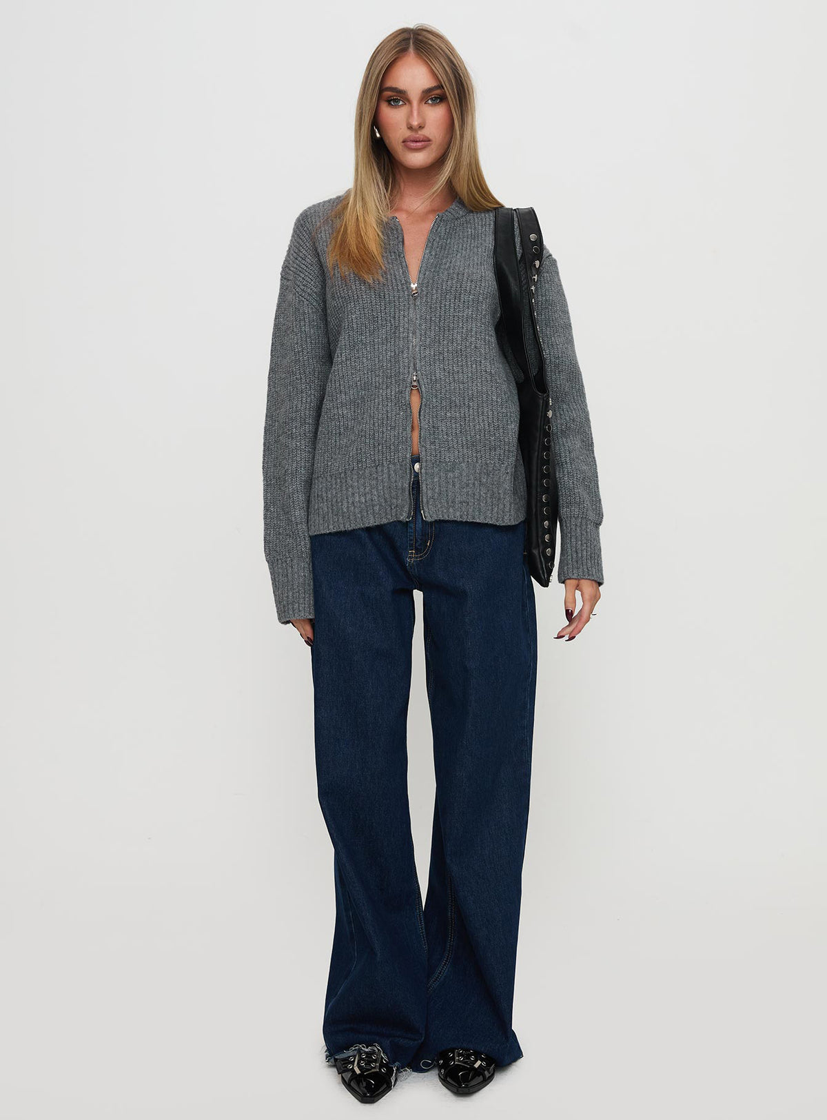 side view of model wearing Princess Polly Lexene Zip Through Jumper Grey Longline Jumpers Jumpers 