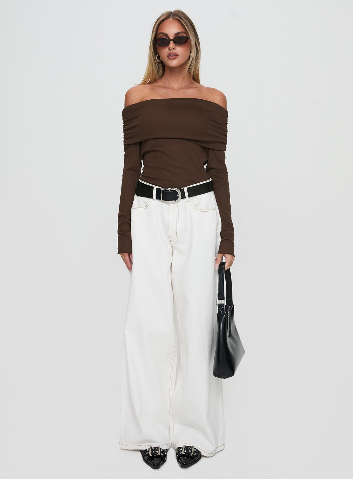 front view of model wearing Princess Polly Spoilt Off The Shoulder Bodysuit Brown Long Sleeve Tops Bodysuit 