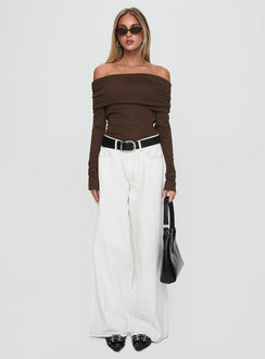 front view of model wearing Princess Polly Spoilt Off The Shoulder Bodysuit Brown Long Sleeve Tops Bodysuit 