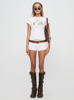 side view of model wearing Princess Polly Mermaid Soul Tee White Short Sleeves Crew Neck 