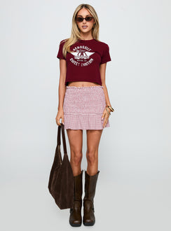   side view of model wearing Princess Polly Real Love Baby Shirred Mini Skirt Red White Check Mini Skirts Skirts 