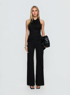 front view of model wearing Princess Polly Katiana Wrap Jersey Pants Black Mid Rise Pants Pants 