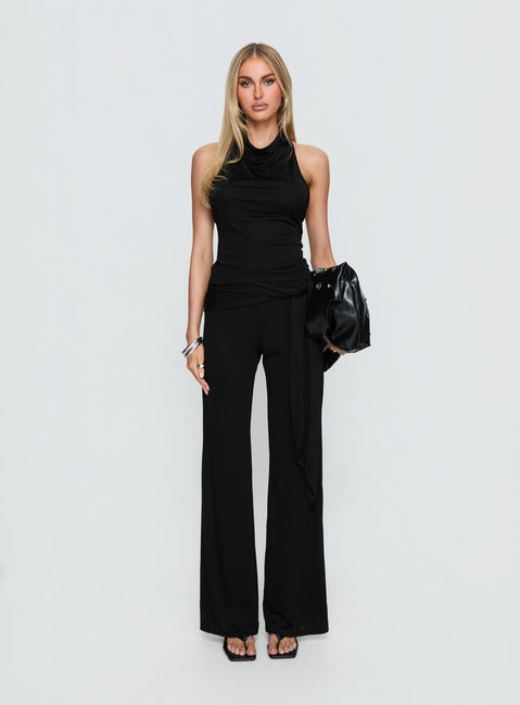 front view of model wearing Princess Polly Katiana Wrap Jersey Pants Black Mid Rise Pants Pants 