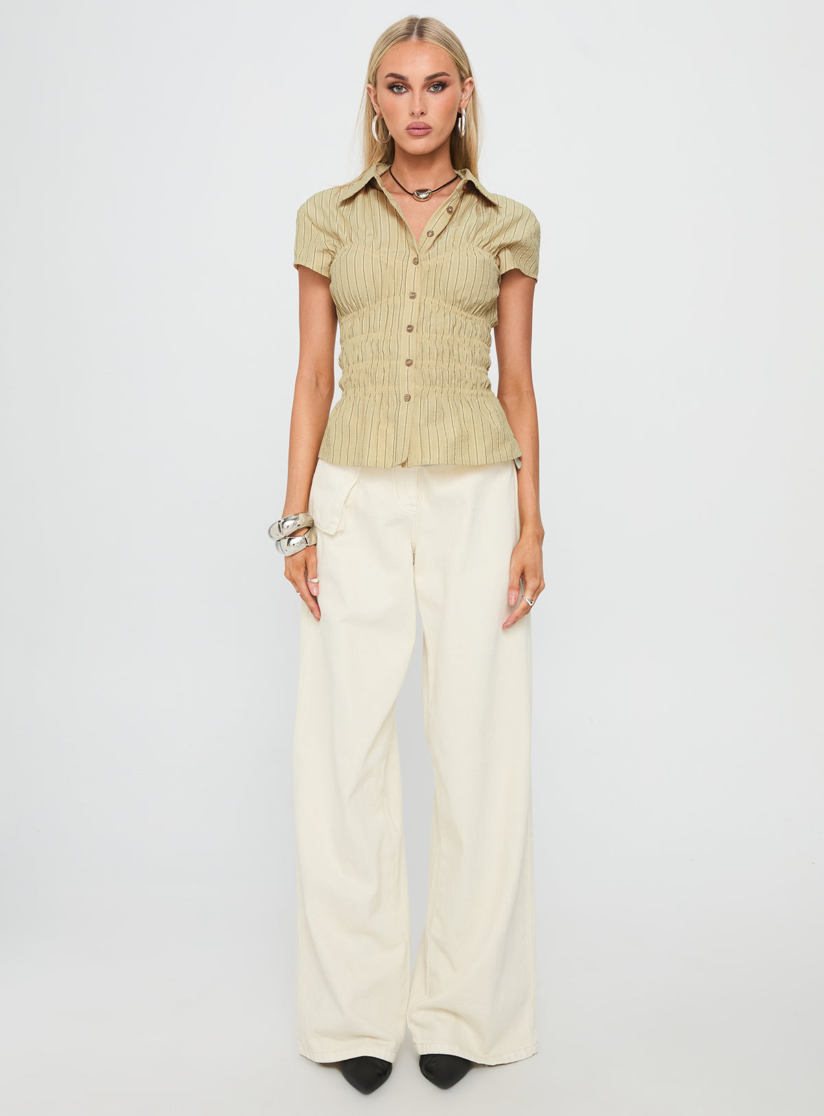 Liesel Shirred Short Sleeve Top Butter Stripe