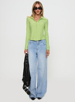 back view of model wearing Princess Polly Echoes Long Sleeve Top Green Full Sleeves V-Neck 