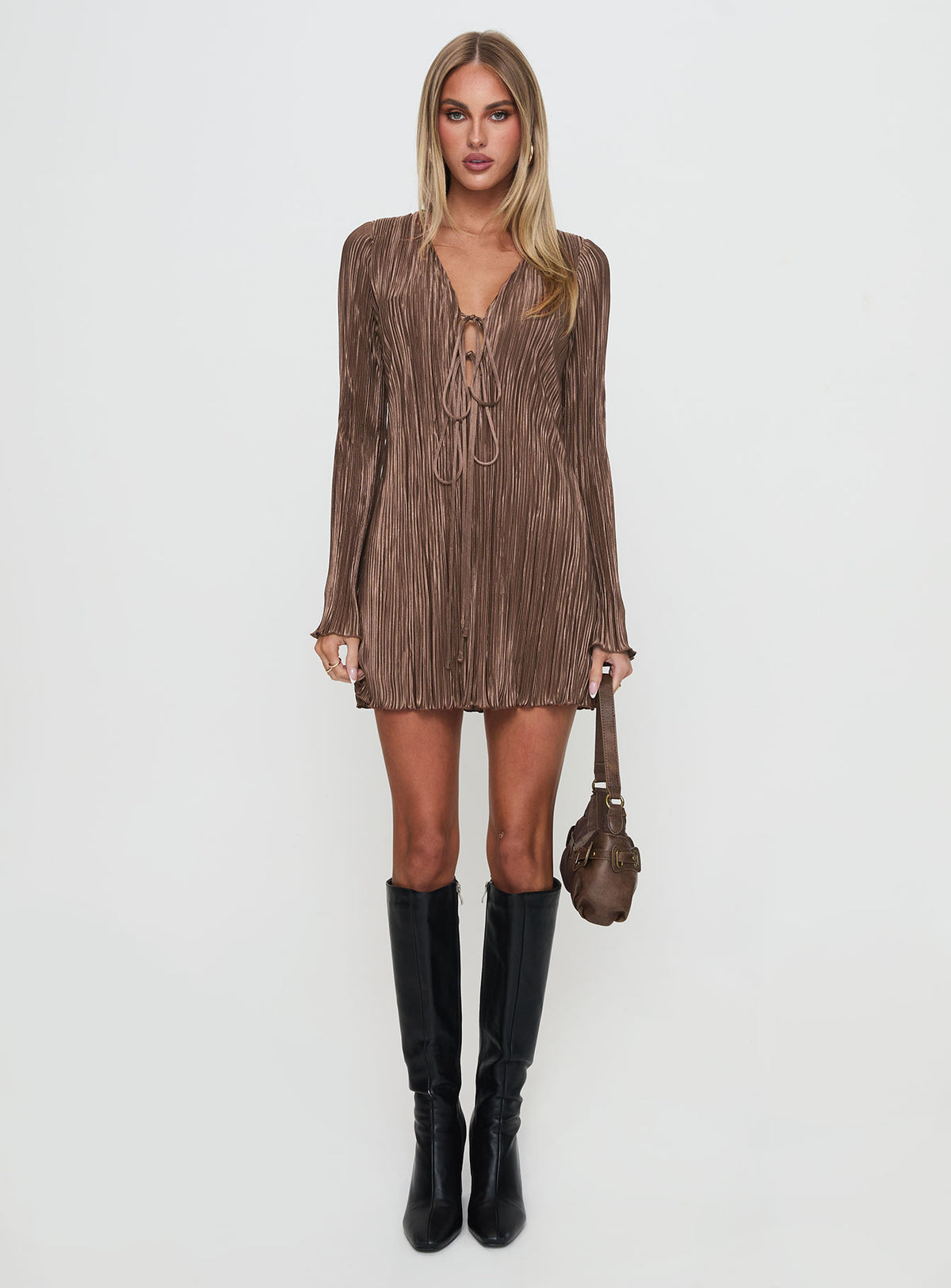 front view of model wearing Princess Polly Malop Long Sleeve Mini Dress Chocolate Petite V-Neck 