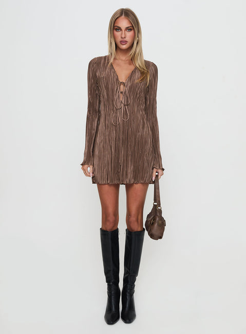 front view of model wearing Princess Polly Malop Long Sleeve Mini Dress Chocolate Petite V-Neck 