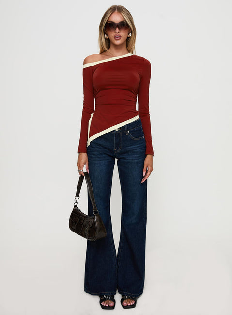 front view of model wearing Princess Polly Fake Smile Long Sleeve Top Burgundy / Cream Full Sleeves Asymmetric Neckline 