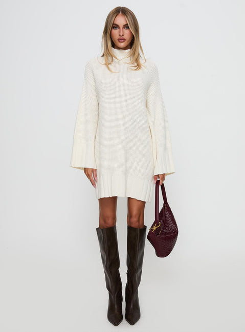 front view of model wearing Princess Polly Tarin Knit Mini Dress Cream High Neck 
