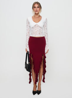   side view of model wearing Princess Polly Peachey Asymmetric Ruffle Midi Skirt Burgundy Midi Skirts Skirts 