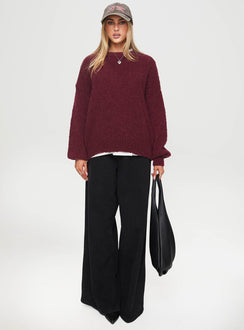 front view of model wearing Princess Polly Niomie Knit Sweater Burgundy Longline Jumpers Jumpers 