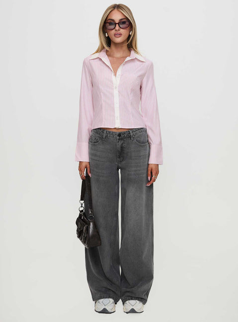front view of model wearing Princess Polly Lyndel Long Sleeve Top Pink Stripe Full Sleeves V-Neck 
