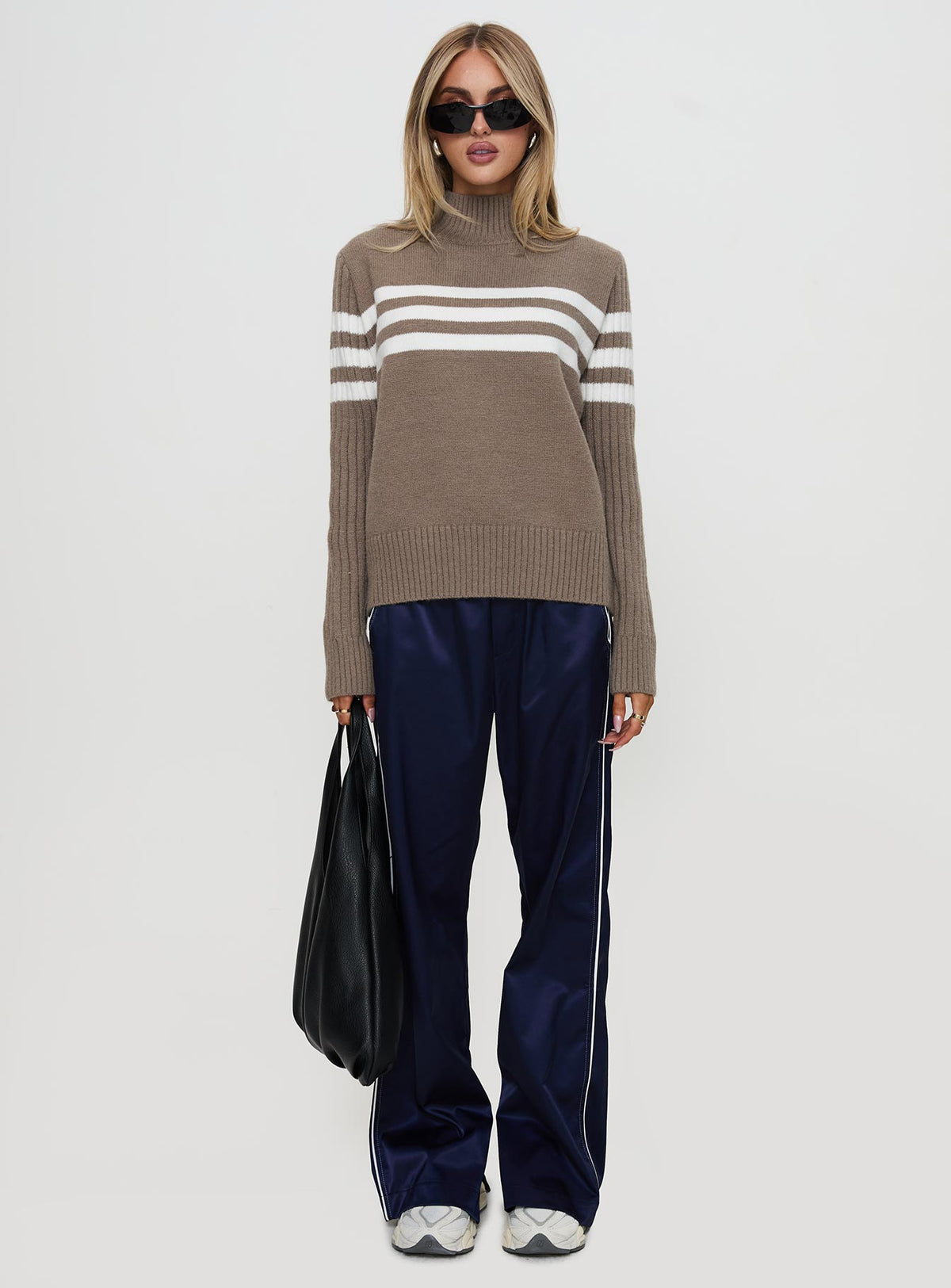 front view of model wearing Princess Polly Bessemer Funnel Neck Knit Sweater Mocha Stripe Longline Jumpers Jumpers 