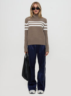 front view of model wearing Princess Polly Bessemer Funnel Neck Knit Sweater Mocha Stripe Longline Jumpers Jumpers 