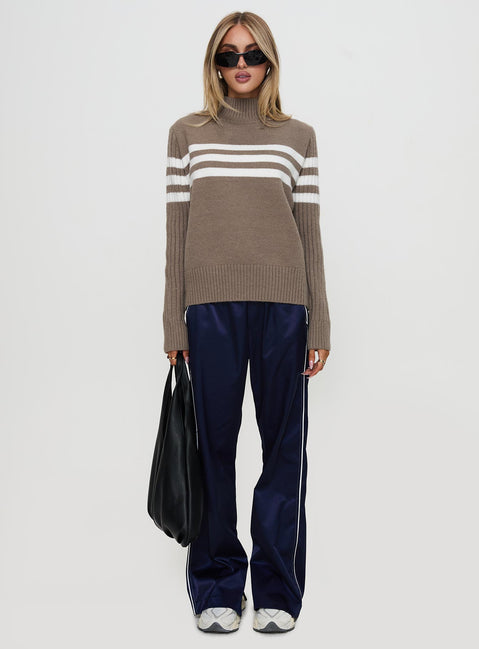 front view of model wearing Princess Polly Bessemer Funnel Neck Knit Sweater Mocha Stripe Longline Jumpers Jumpers 
