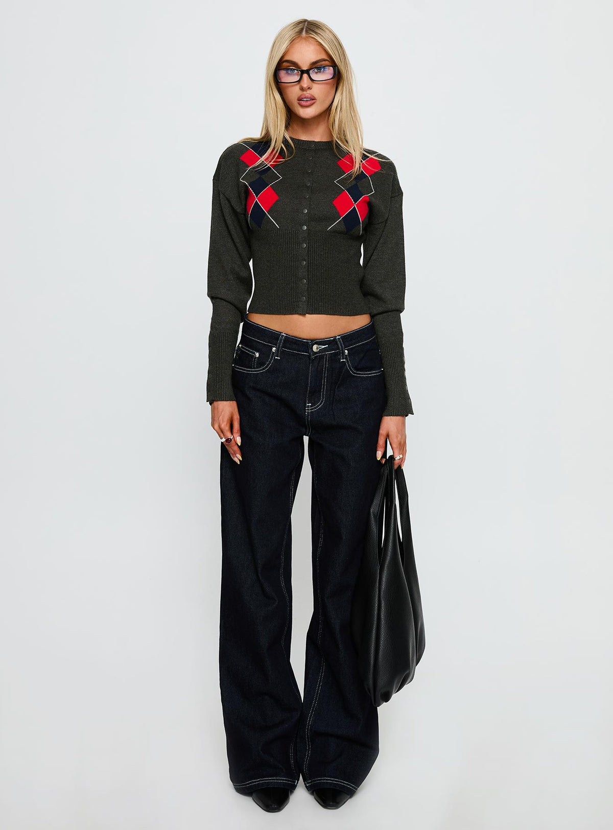 side view of model wearing Princess Polly Head In The Clouds Knit Cardigan Grey Argyle cropped Jumpers 
