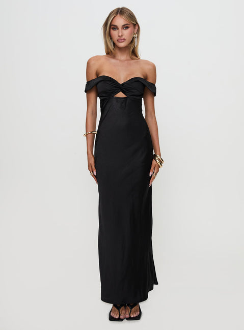 side view of model wearing Princess Polly Rava Off The Shoulder Maxi Dress Black Sweetheart Neckline 