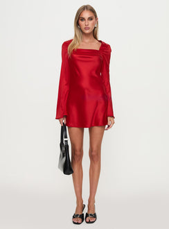 front view of model wearing Princess Polly Phillipa Long Sleeve Mini Dress Red Square Neck 