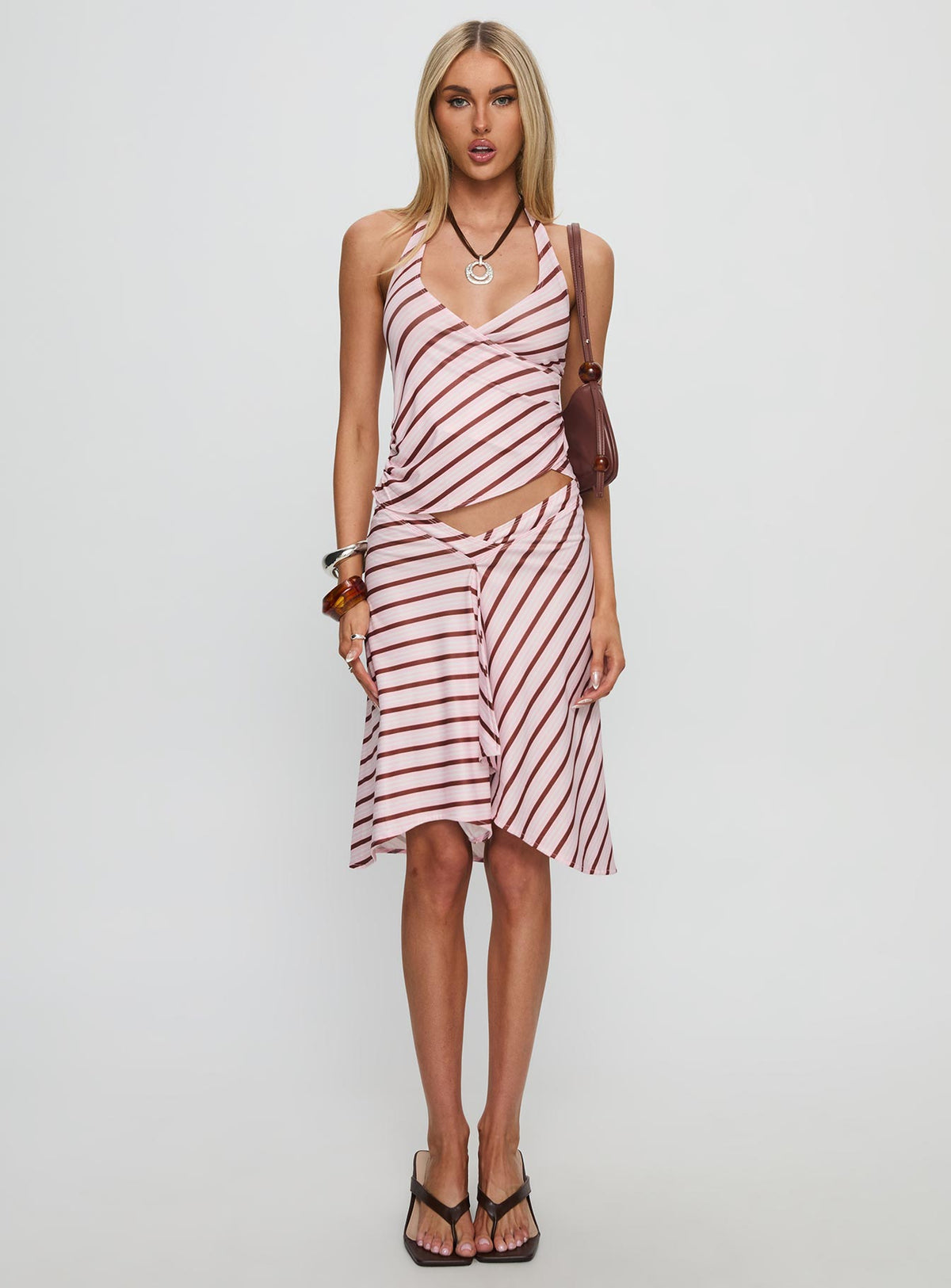   front view of model wearing Princess Polly Esmeray Midi Skirt Pink Stripe Skirts 