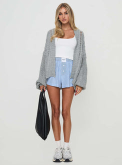 front view of model wearing Princess Polly Abner Cable Cardigan Light Grey Jumpers 