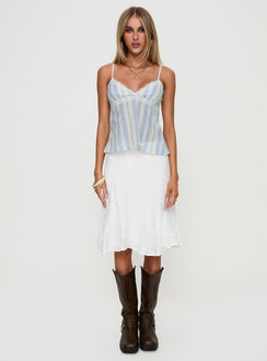 front view of model wearing Princess Polly Lunya Top Blue Stripe Sleeveless Plunger 