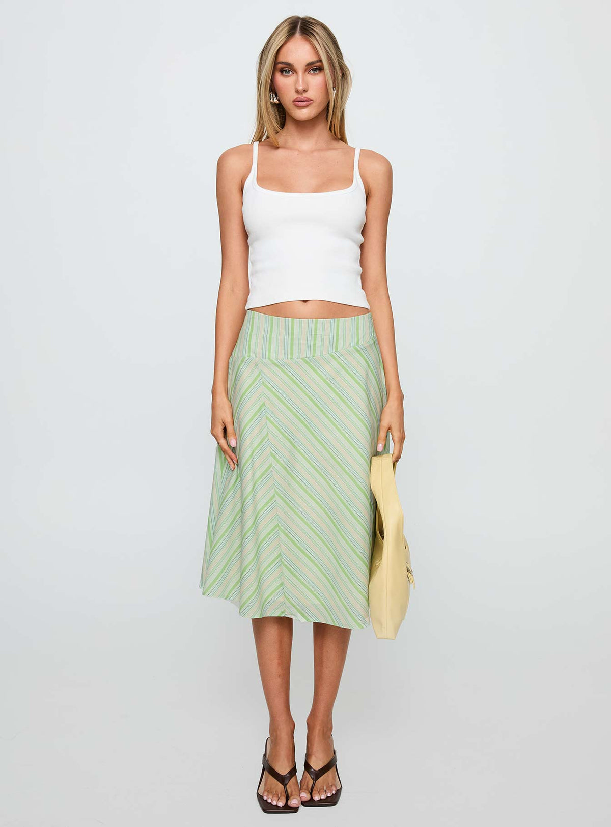   front view of model wearing Princess Polly Vettie Midi Skirt Green Multi Midi Skirts Skirts 