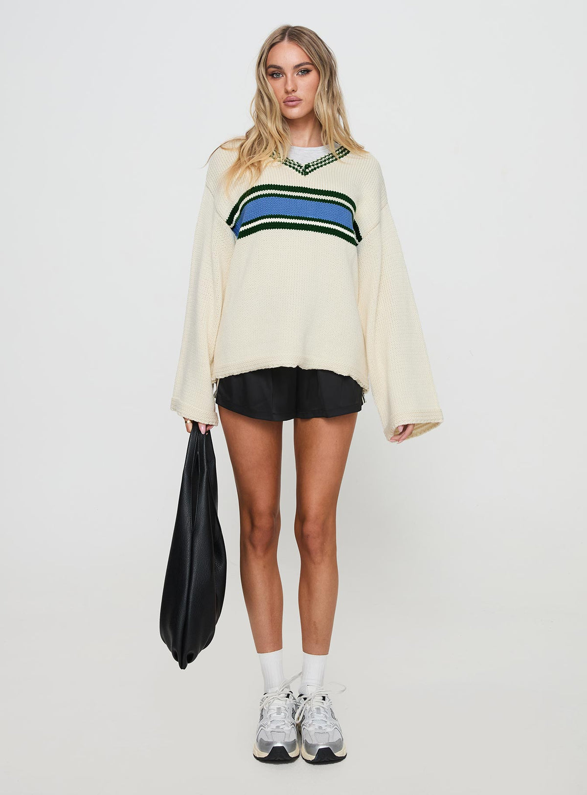 back view of model wearing Princess Polly Old Sport Knit Sweater Multi Longline Jumpers Jumpers 