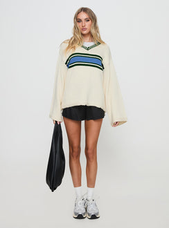 back view of model wearing Princess Polly Old Sport Knit Sweater Multi Longline Jumpers Jumpers 
