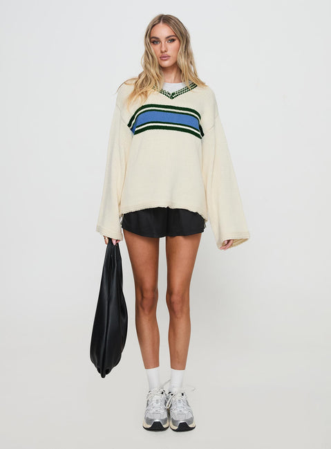 back view of model wearing Princess Polly Old Sport Knit Sweater Multi Longline Jumpers Jumpers 