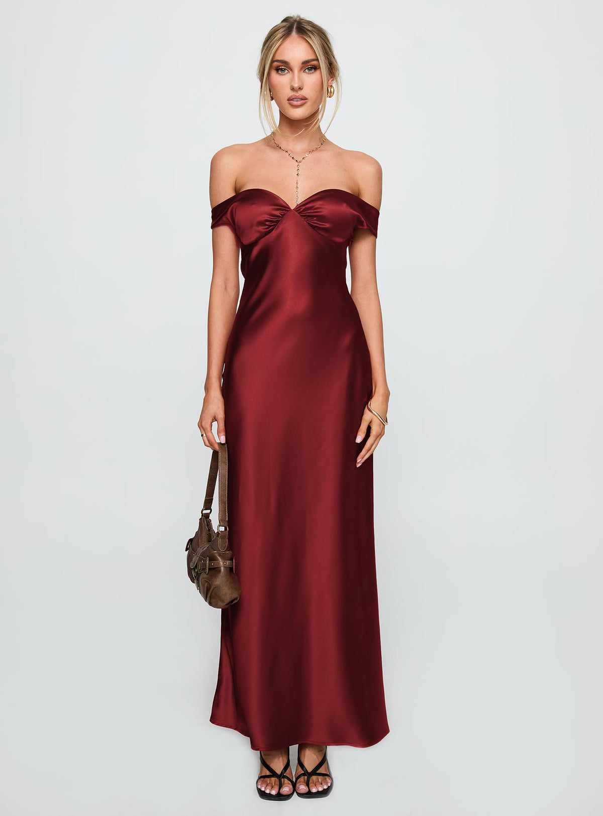 side view of model wearing Princess Polly Heartthrobs Off The Shoulder Maxi Dress Red Sweetheart Neckline 