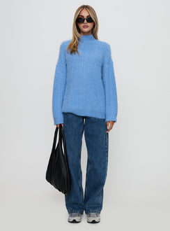 side view of model wearing Princess Polly Gavelston Crew Neck Waffle Sweater Blue Longline Jumpers Jumpers 