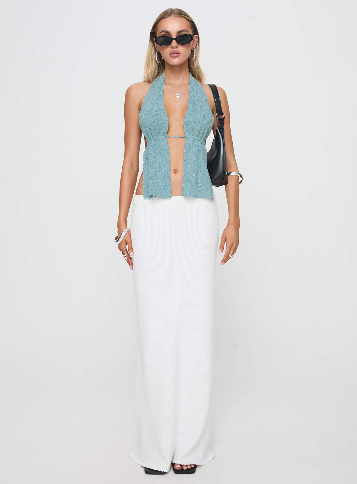 front view of model wearing Princess Polly Kamirie Top Blue Sleeveless Plunger 