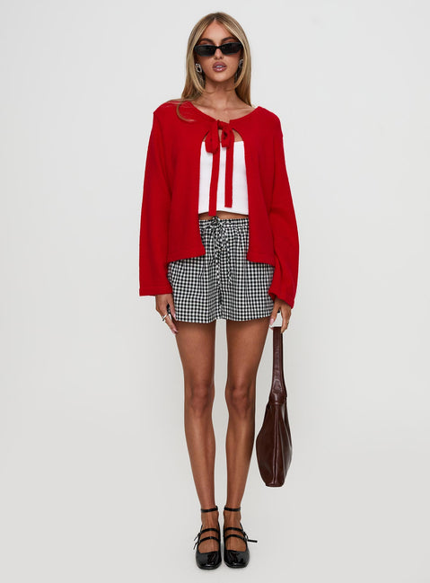 front view of model wearing Princess Polly Norine Tie Up Knit Sweater Red Cropped Jumpers Jumpers 