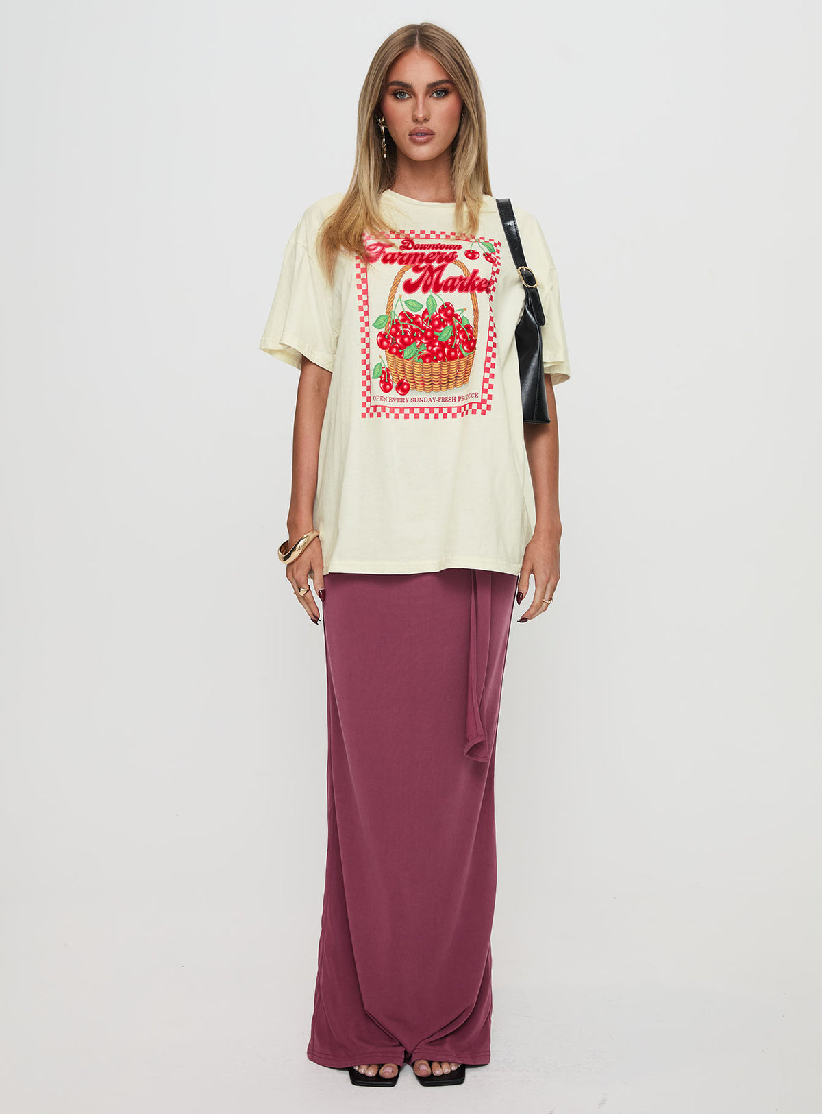 front view of model wearing Princess Polly Downtown Markets Top White Half Sleeves Crew Neck 