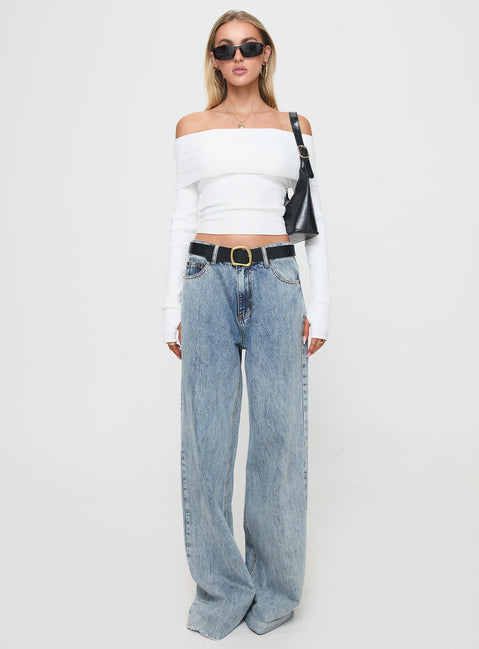 back view of model wearing Princess Polly Morley Off Shoulder Sweater White cropped Jumpers 