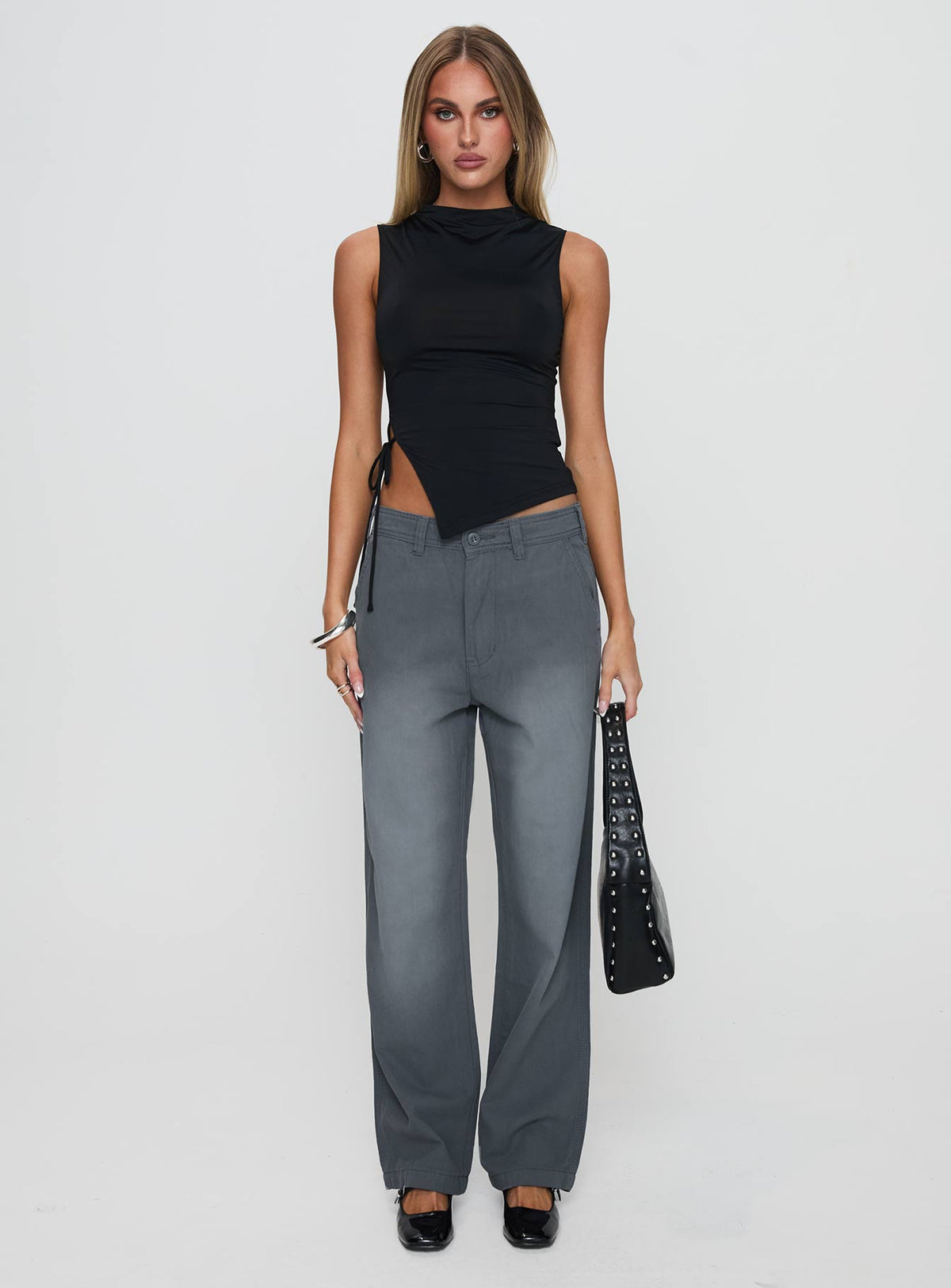 front view of model wearing Princess Polly Workwear Pant Petrol High Rise Pants Pants 