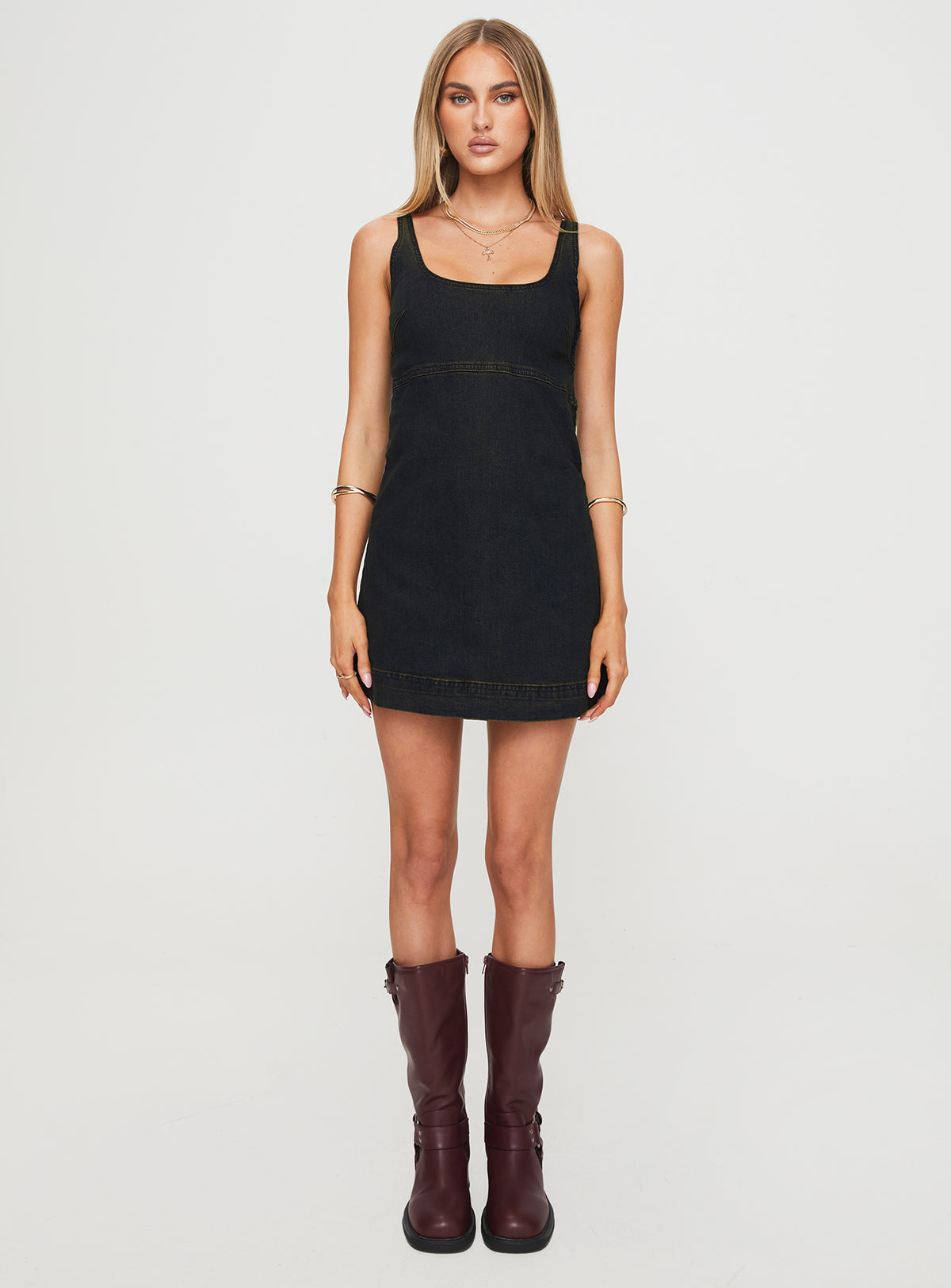 back view of model wearing Princess Polly Rautha Denim Mini Dress Black Square Neck 