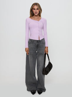 front view of model wearing Princess Polly Sadira Long Sleeve Button Up Top Lilac Full Sleeves Asymmetric Neckline 