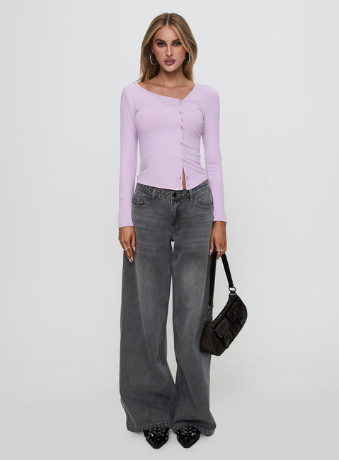 front view of model wearing Princess Polly Sadira Long Sleeve Button Up Top Lilac Full Sleeves Asymmetric Neckline 