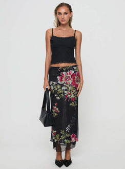   front view of model wearing Princess Polly Paganio Maxi Skirt Black Floral Maxi Skirts Skirts 