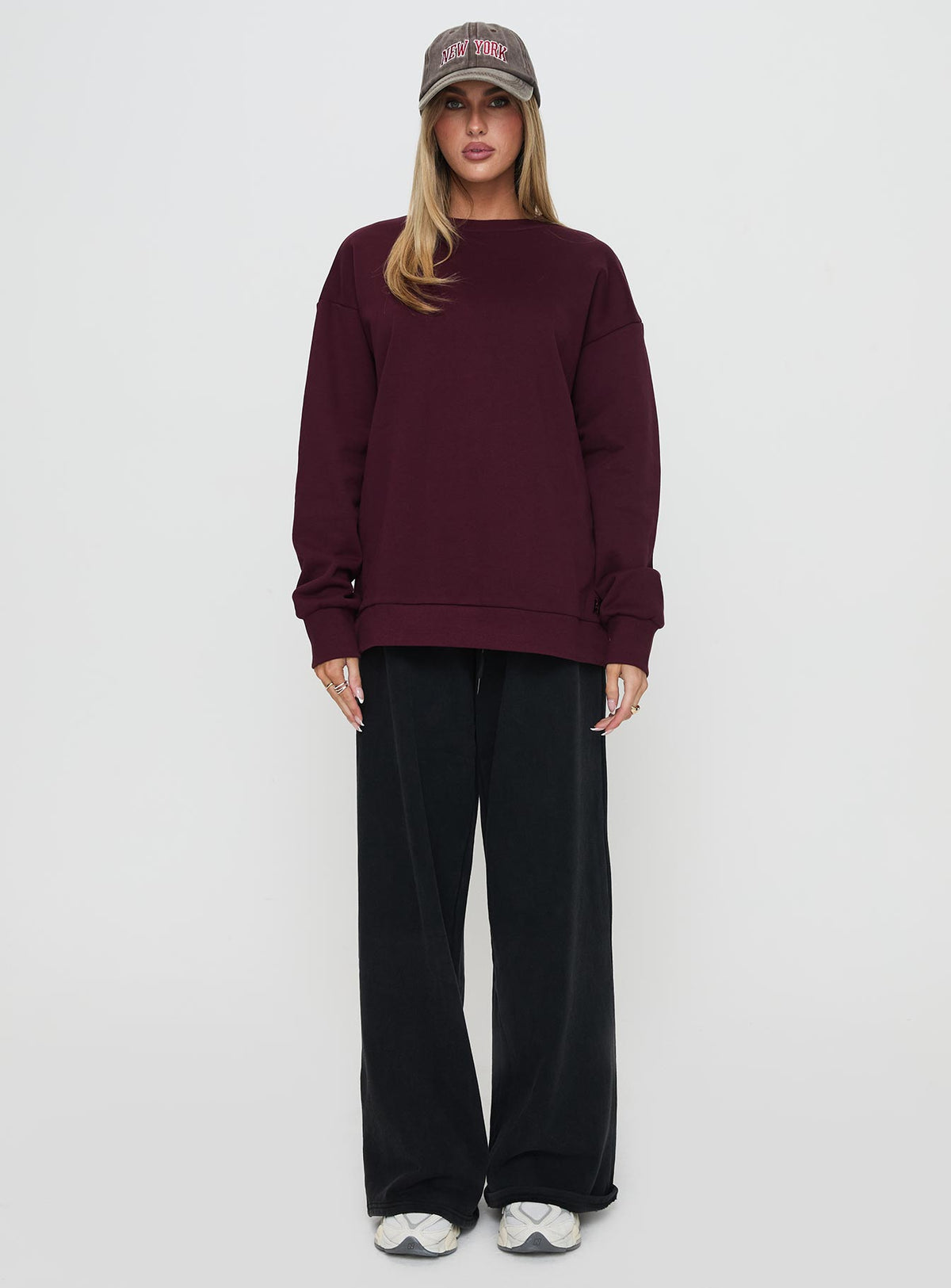 front view of model wearing Princess Polly All Day Crewneck Sweatshirt Wine Longline Jumpers Jumpers 