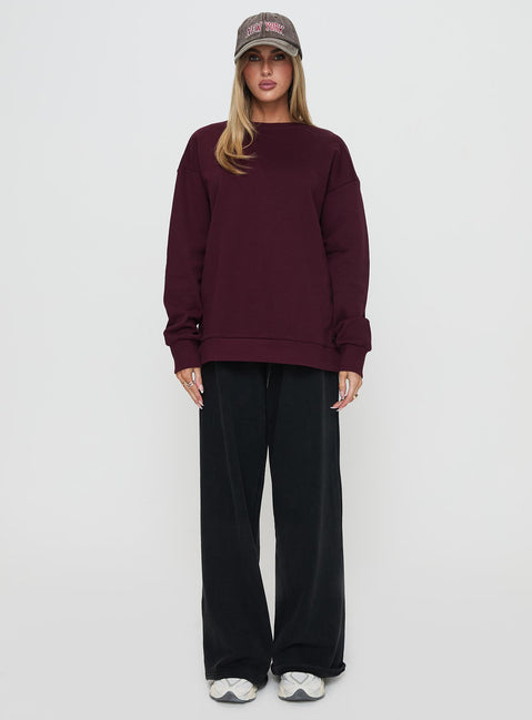 front view of model wearing Princess Polly All Day Crewneck Sweatshirt Wine Longline Jumpers Jumpers 