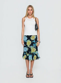   front view of model wearing Princess Polly Tarla Midi Skirt Crystal Black Flower Midi Skirts Skirts 