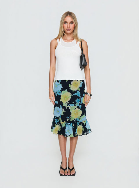   front view of model wearing Princess Polly Tarla Midi Skirt Crystal Black Flower Midi Skirts Skirts 