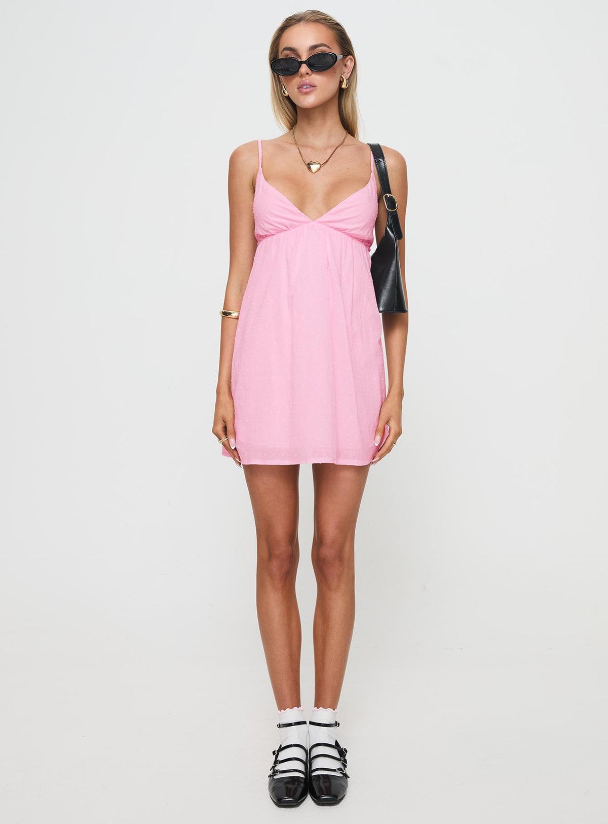 front view of model wearing Princess Polly Koko Mini Dress Pink Plunger 