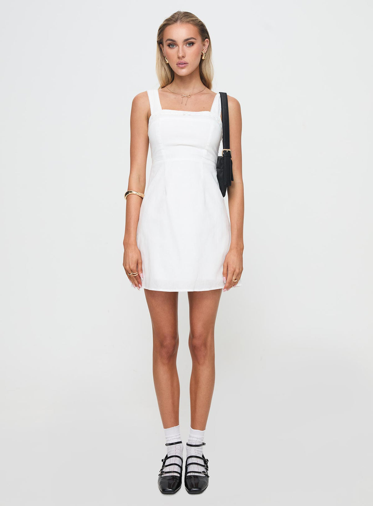 front view of model wearing Princess Polly Weavery Mini Dress White Square Neck 