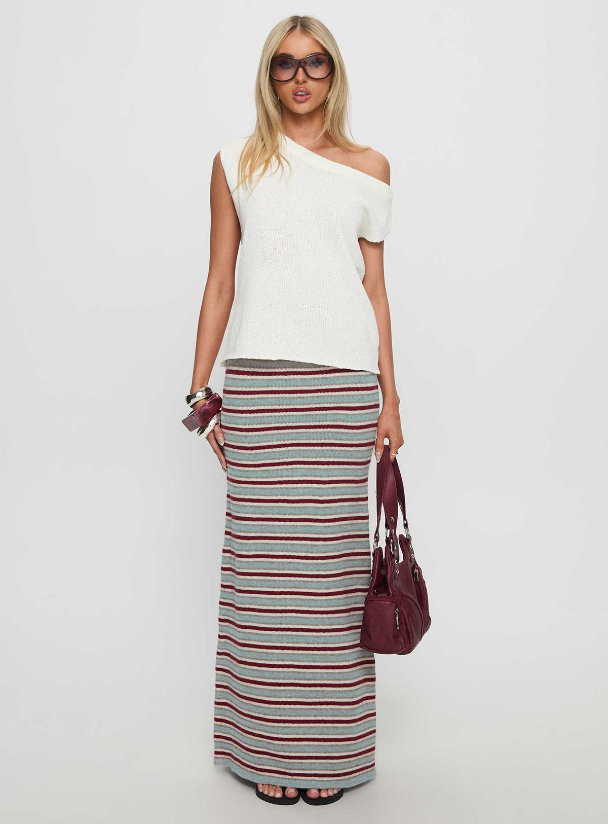   front view of model wearing Princess Polly On Air Knit Maxi Skirt Multi Stripe Skirts 